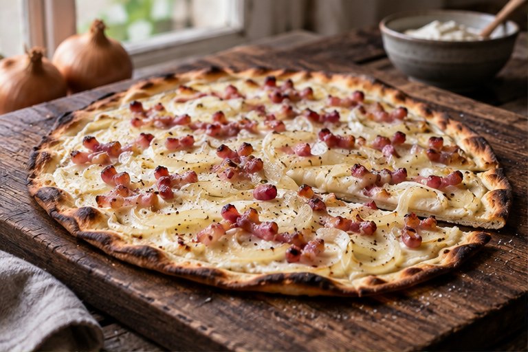 Tarte flambée alsacienne sur une planche en bois