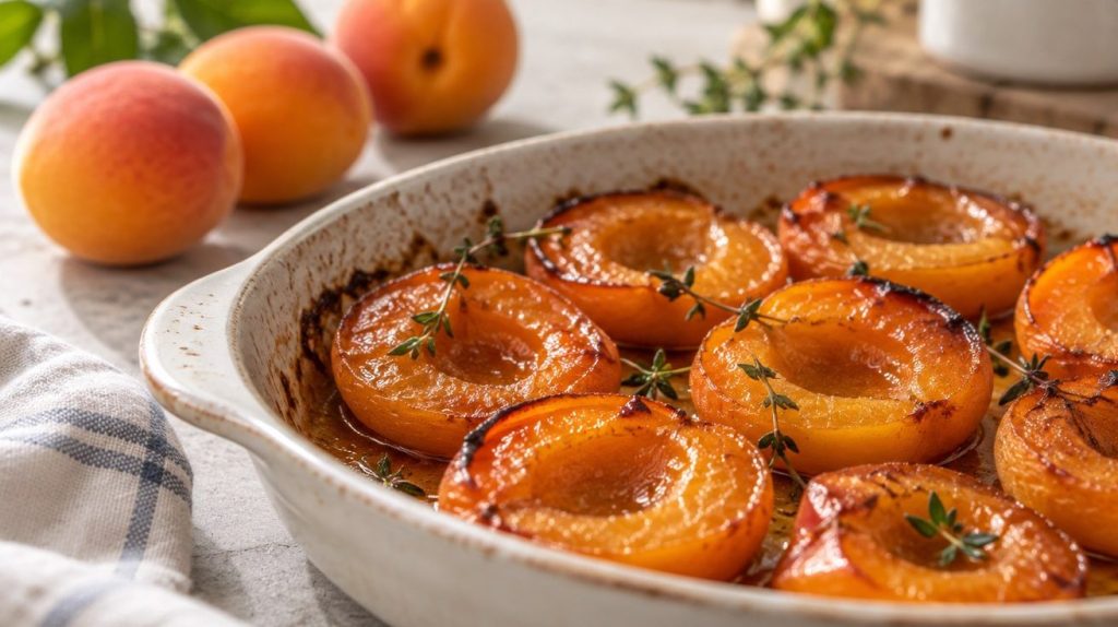 Demi-abricots rôtis dans un plat clair, avec des abricots frais en arrière-plan.