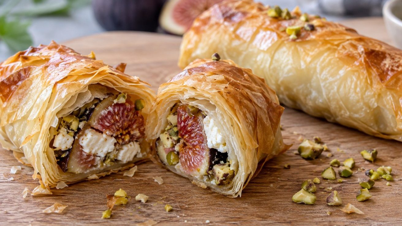 Bouchée figue-feta coupée : fine enveloppe de filo croustillante et cœur de figue rose au fromage blanc