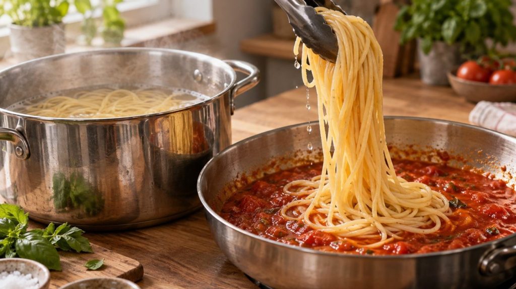 Cuisson des pâtes : transfert des spaghetti humides dans la sauce