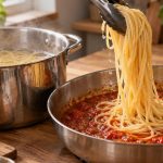 Cuisson des pâtes : transfert des spaghetti humides dans la sauce