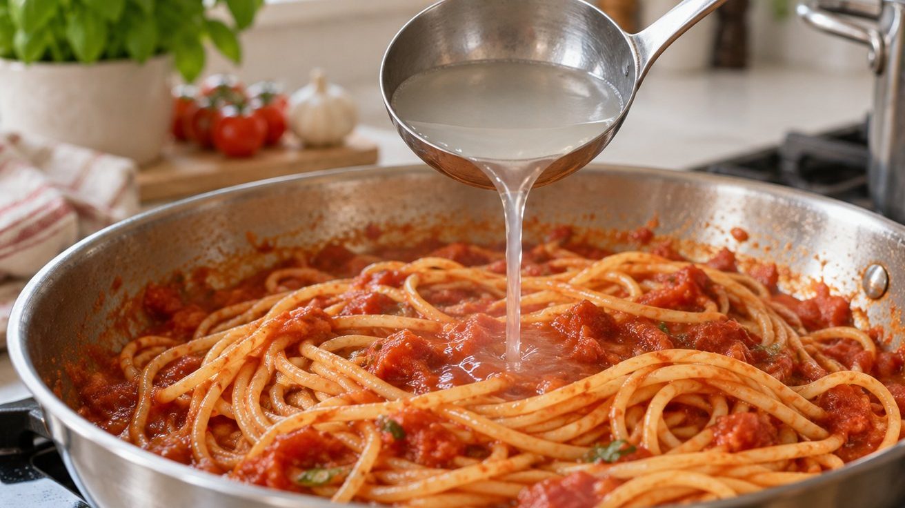 Ajout progressif d’eau de cuisson dans une sauteuse de pâtes à la sauce tomate
