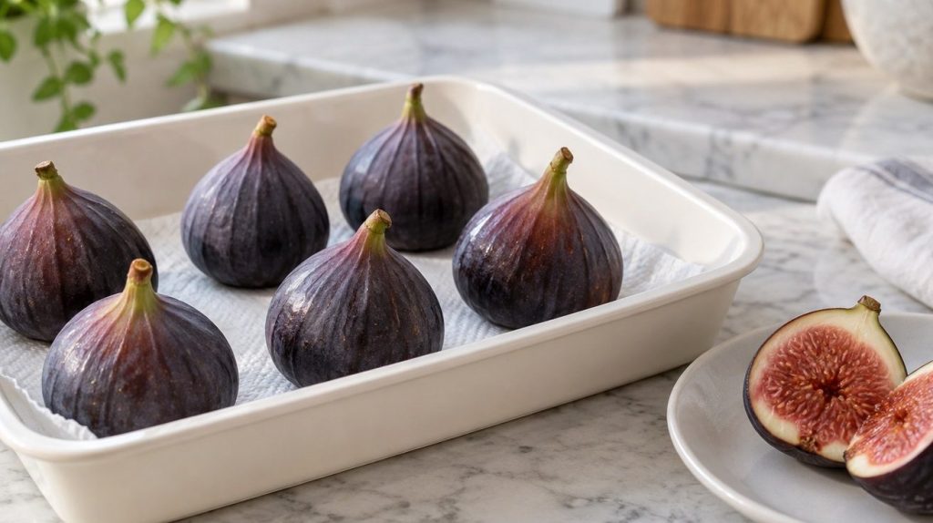 Figues fraîches espacées dans un contenant peu profond, avec une figue ouverte à côté.