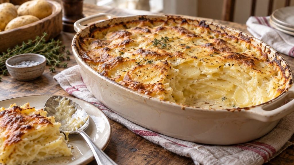 Gratin de pommes de terre doré dont une portion révèle les couches fondantes.