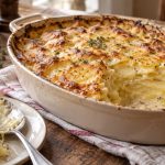 Gratin de pommes de terre doré dont une portion révèle les couches fondantes.