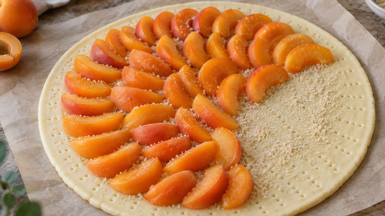 Montage de la tarte fine : abricots en une seule couche sur une fine poudre d’amande, bord de pâte laissé libre